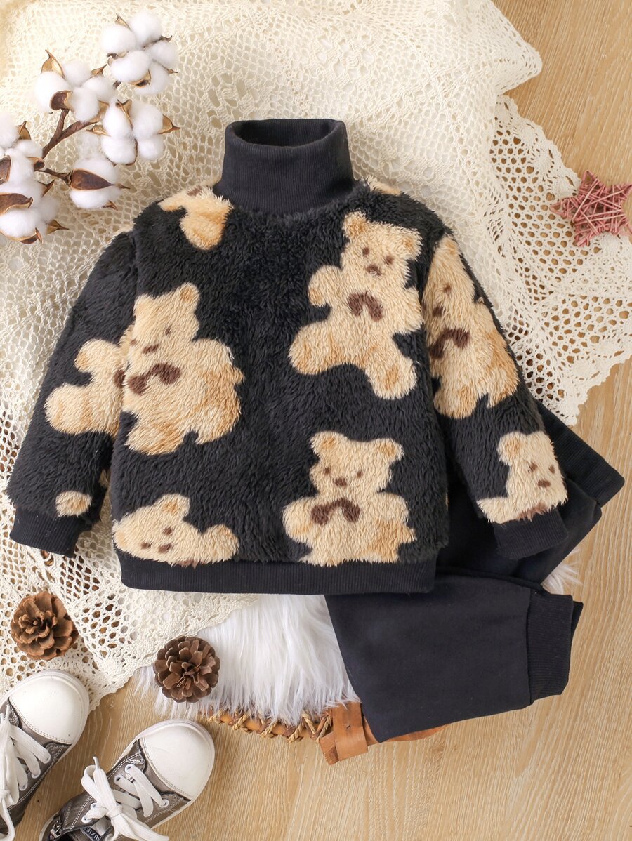 Baby Bear Pattern High Neck Teddy Sweatshirt & Joggers - Black - View 1