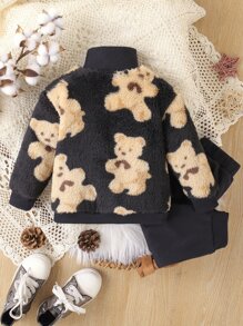 Baby Bear Pattern High Neck Teddy Sweatshirt & Joggers - Black - View 2