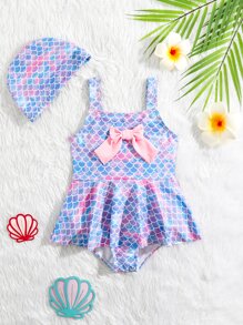 Baby Fish Scales Bow Front Ruffle Hem One Piece Swimsuit & Hat - Multicolor - View 1