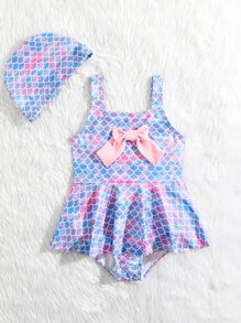 Baby Fish Scales Bow Front Ruffle Hem One Piece Swimsuit & Hat - Multicolor - View 3