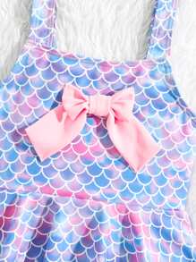 Baby Fish Scales Bow Front Ruffle Hem One Piece Swimsuit & Hat - Multicolor - View 4