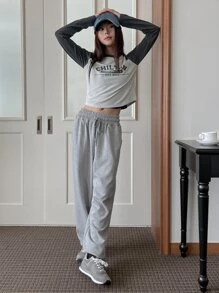 DAZY Letter Graphic Raglan Sleeve Tee - Grey - View 5