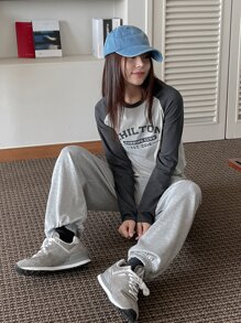 DAZY Letter Graphic Raglan Sleeve Tee - Grey - View 7