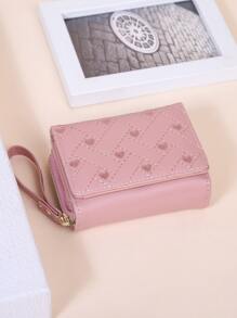 Heart Pattern Stitch Detail With Zipper Daily PU Leather Portable ID Card Credit Card Minimalist Fashion Modern Business Anniversary On Valentine Day For Birthday Gift Women Girls Female Lady Gift Bag Present Heart Hot Pink Wristlet Wallet For Women Wallet Purse Wallet Small Wallet - Pink - View 2