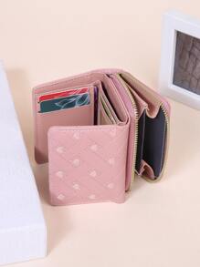 Heart Pattern Stitch Detail With Zipper Daily PU Leather Portable ID Card Credit Card Minimalist Fashion Modern Business Anniversary On Valentine Day For Birthday Gift Women Girls Female Lady Gift Bag Present Heart Hot Pink Wristlet Wallet For Women Wallet Purse Wallet Small Wallet - Pink - View 3