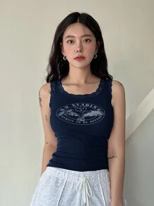 DAZY 鷹和字母圖案蕾絲邊背心 - 藏蓝色 - 查看 3