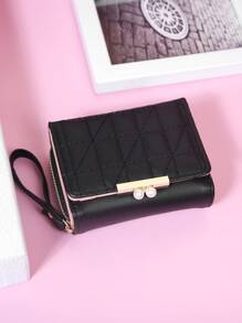 細針車線細節人造珍珠裝飾折疊小錢包，輕巧多層次迷你薄款 - 黑色 - 查看 6