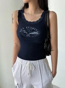 DAZY 鷹和字母圖案蕾絲邊背心 - 藏蓝色 - 查看 5