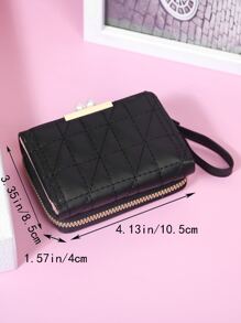 細針車線細節人造珍珠裝飾折疊小錢包，輕巧多層次迷你薄款 - 黑色 - 查看 4