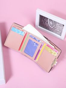 細針車線細節人造珍珠裝飾折疊小錢包，輕巧多層次迷你薄款 - 黑色 - 查看 5