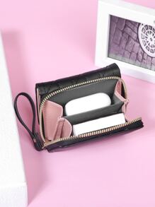 細針車線細節人造珍珠裝飾折疊小錢包，輕巧多層次迷你薄款 - 黑色 - 查看 8