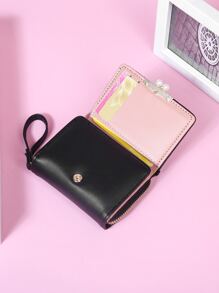 細針車線細節人造珍珠裝飾折疊小錢包，輕巧多層次迷你薄款 - 黑色 - 查看 7