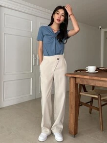 DAZY Solid Slant Pocket Straight Leg Suit Trousers - Apricot - View 6