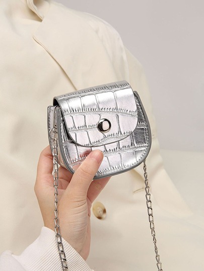 Mini Solid Color Stone Pattern Button Shoulder Bag, Simple Style & College Style With Silver Flap And Chain Strap, Portable Bag For Storage, Gift Giving, School, Suitable For Women