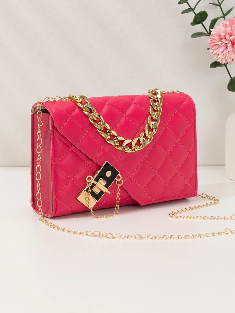Mini Neon Pink Quilted Toggle Lock Square Bag