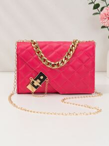 Mini Neon Pink Quilted Toggle Lock Square Bag