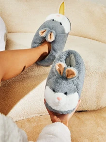 Mouse Design Fuzzy Novelty Slippers - Grey - View 2