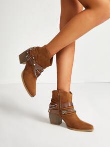 SheIn VCAY Crocodile Embossed Chain & Studded Decor Faux Suede Western Boots - Camel - View 3