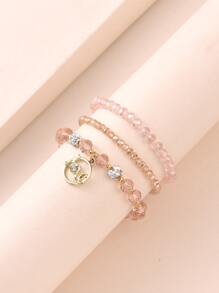 3pcs/set Rhinestone & Heart Decor Beaded Bracelet - Champagne - View 2