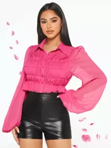 SHEIN SXY Ruched Bust Lantern Sleeve Ruffle Hem Blouse - Hot Pink - View 1