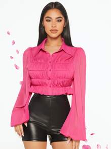 SHEIN SXY Ruched Bust Lantern Sleeve Ruffle Hem Blouse - Hot Pink - View 5