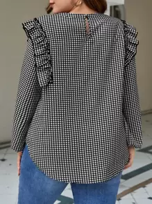 SHEIN Clasi Blusa con estampado de cuadros ribete con fruncido de manga farol - Blanco y Negro - Ver 2