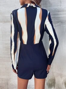 SHEIN Clasi Striped Print Lapel Neck Zip Back Asymmetrical Hem Shirt Romper - Navy Blue - View 2