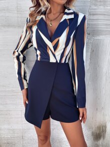 SHEIN Clasi Striped Print Lapel Neck Zip Back Asymmetrical Hem Shirt Romper - Navy Blue - View 4