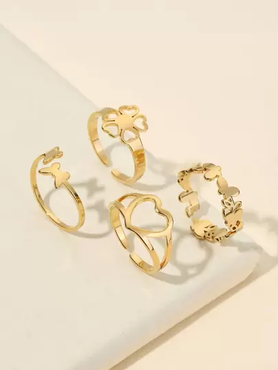 4pcs Stainless Steel Golden Clover, Heart, Butterfly Pattern Fashion Simple Open And Close Women's Ring Set Valentines,Mom,Mother,Mother's Day,Gift