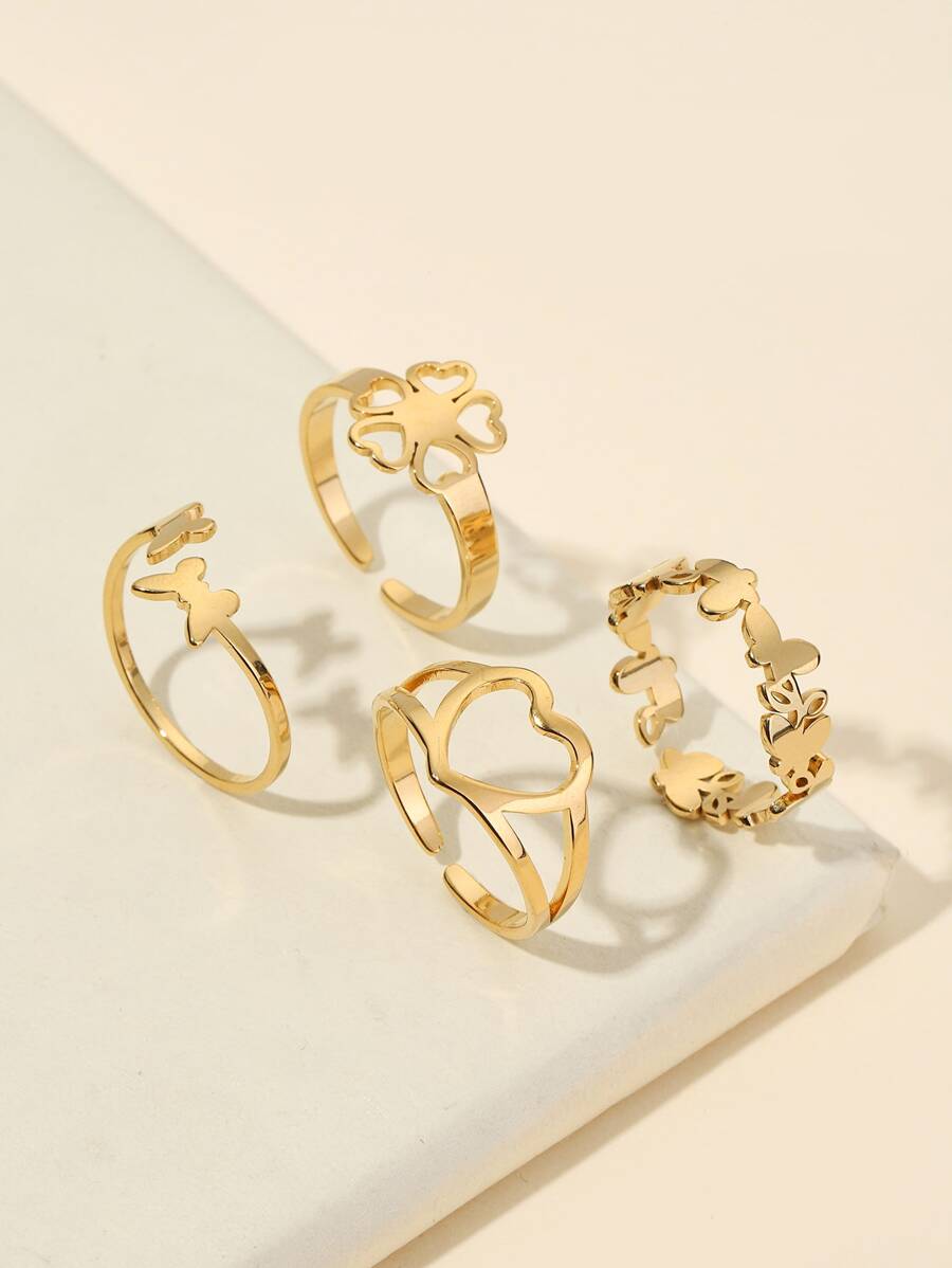 4pcs Stainless Steel Gold-Tone Clover, Heart, Butterfly Pattern Minimalist Adjustable Ring Set, Gift For Valentine's Day, Mother's Day - Yellow Gold - View 1