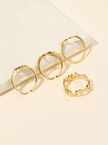 4pcs Stainless Steel Gold-Tone Clover, Heart, Butterfly Pattern Minimalist Adjustable Ring Set, Gift For Valentine's Day, Mother's Day - Yellow Gold - View 3