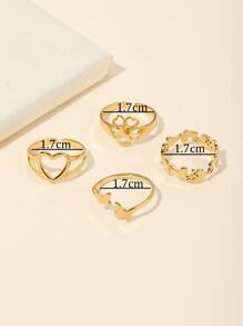 4pcs Stainless Steel Gold-Tone Clover, Heart, Butterfly Pattern Minimalist Adjustable Ring Set, Gift For Valentine's Day, Mother's Day - Yellow Gold - View 4