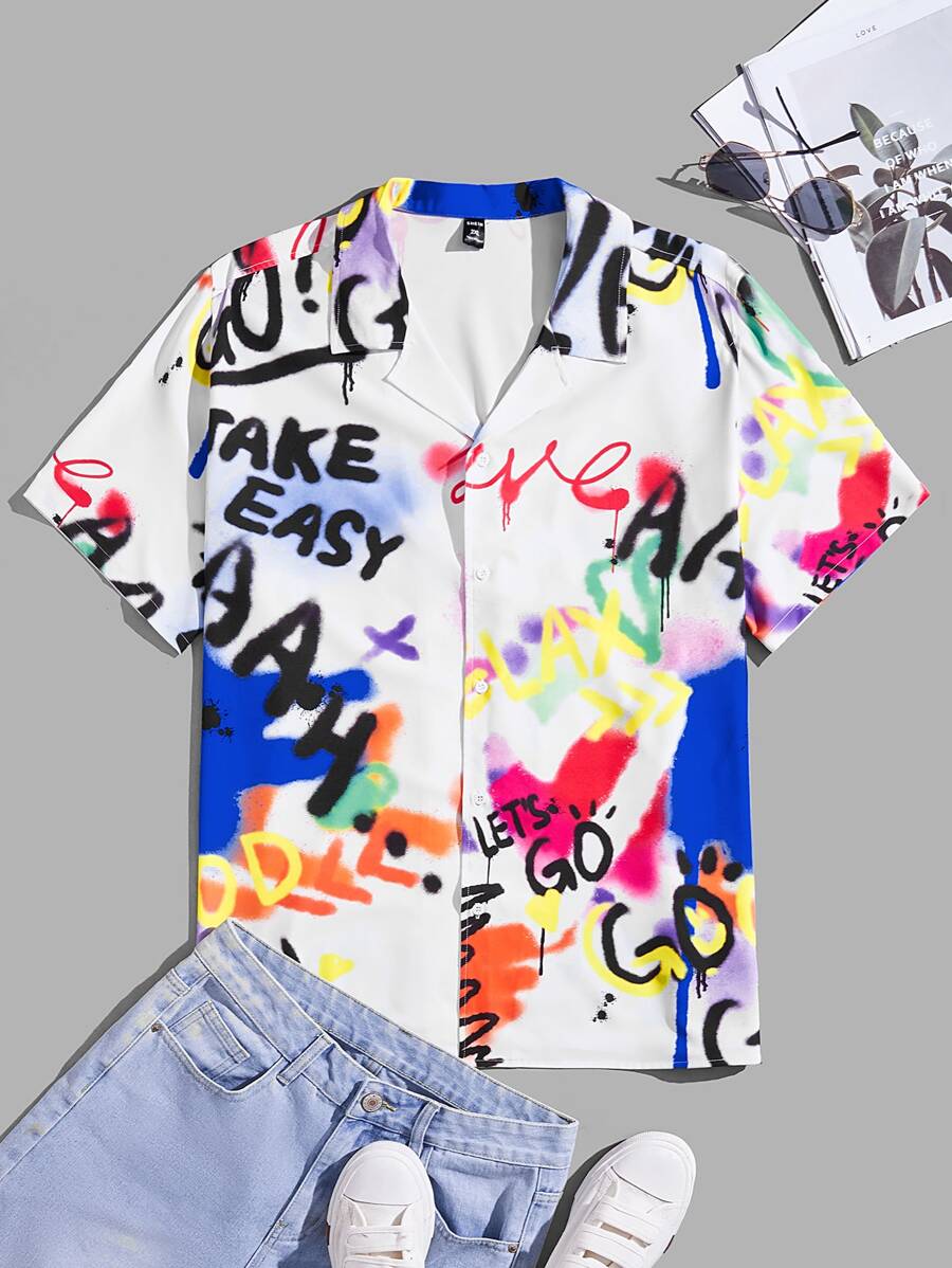 Manfinity VCAY 男士字母圖案西裝領襯衫