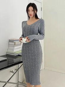 DAZY Solid Cable Knit Jumper Dress - Grey - View 4