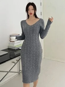 DAZY Solid Cable Knit Jumper Dress - Grey - View 5