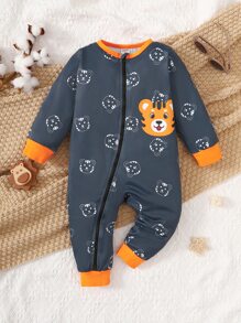 Baby Boy Cartoon Graphic Contrast Binding Zipper Jumpsuit