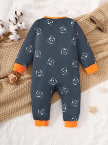 Baby Boy Cartoon Graphic Contrast Binding Zipper Jumpsuit