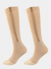 Zipper Side Sports Over The Calf Socks - Beige - View 1