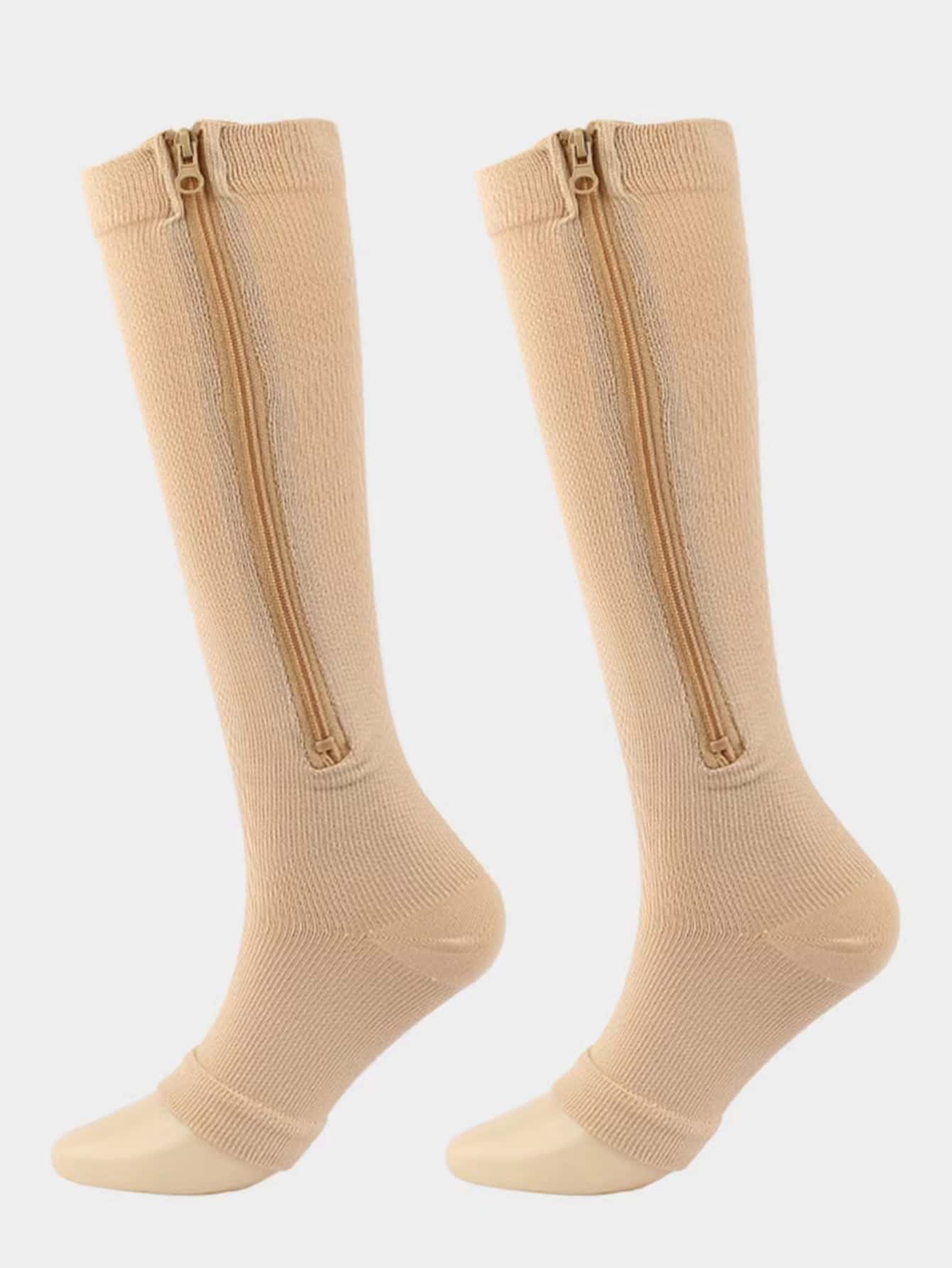 Zipper Side Sports Over The Calf Socks - Beige - View 1