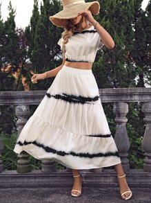 SHEIN LUNE Tie Dye Keyhole Back Crop Blouse & Layered Hem Skirt - Apricot - View 1