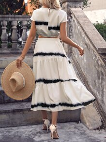 SHEIN LUNE Tie Dye Keyhole Back Crop Blouse & Layered Hem Skirt - Apricot - View 2