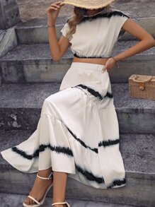 SHEIN LUNE Tie Dye Keyhole Back Crop Blouse & Layered Hem Skirt - Apricot - View 3