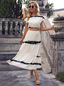 SHEIN LUNE Tie Dye Keyhole Back Crop Blouse & Layered Hem Skirt - Apricot - View 4