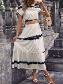 SHEIN LUNE Tie Dye Keyhole Back Crop Blouse & Layered Hem Skirt - Apricot - View 6