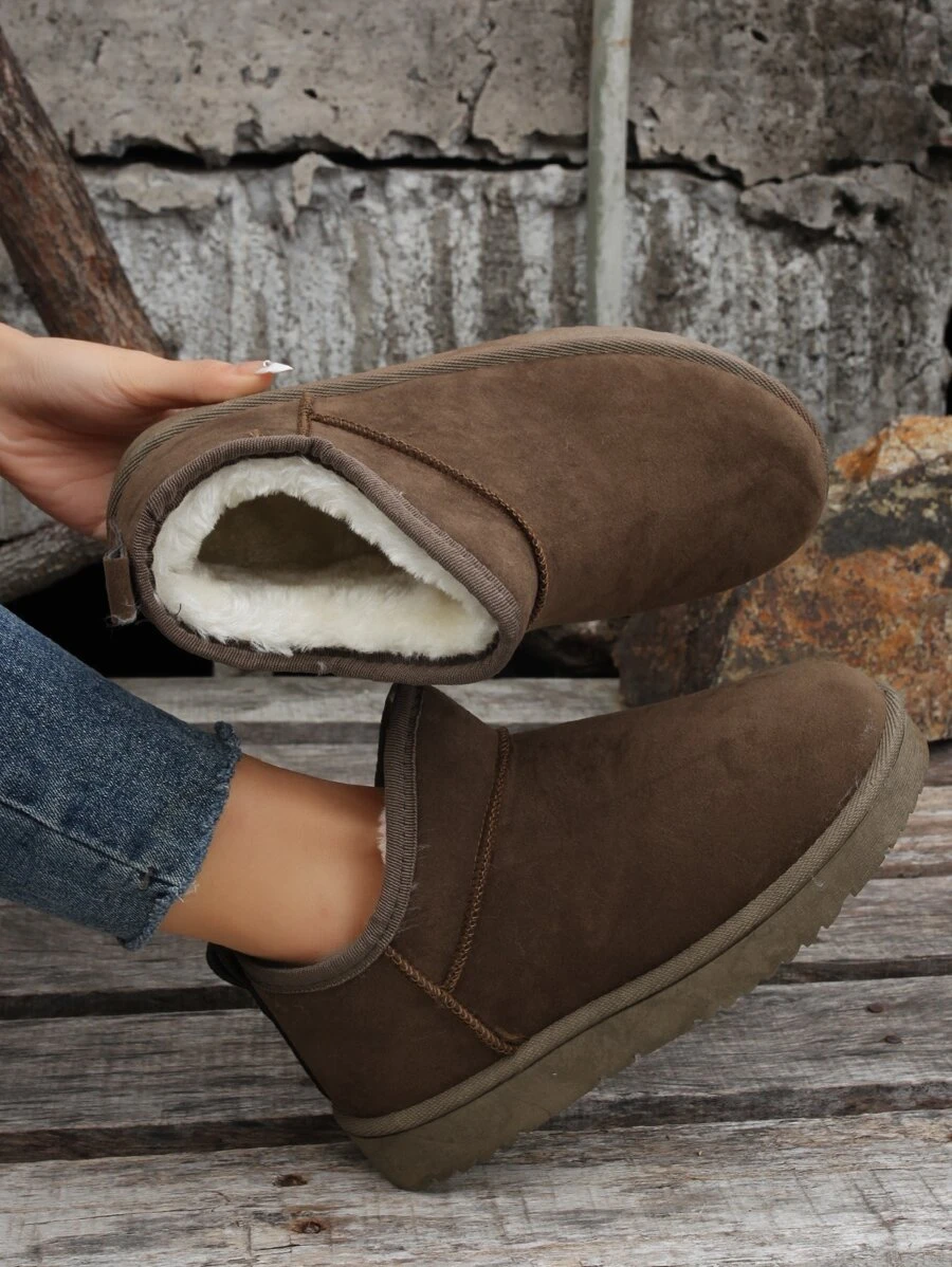 Brown Solid Color Simple Warm Lined Snow Boots - Brown - View 1