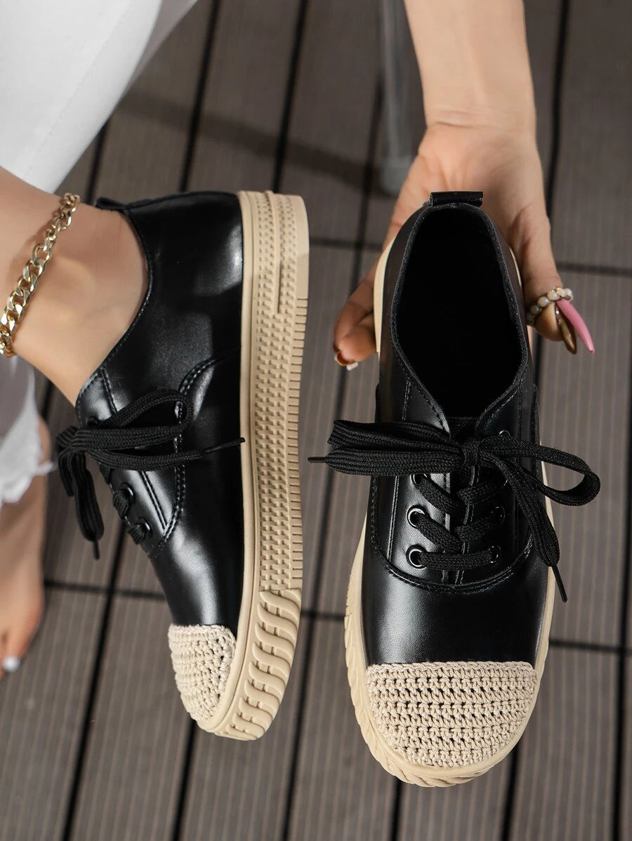 Lace-up Front Skate Shoes - Black - View 1