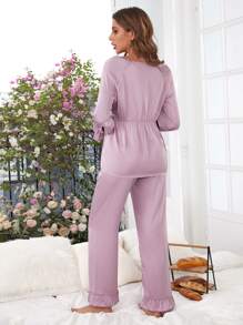 Contrast Lace Flounce Sleeve Ruffle Hem Satin PJ Set - Lilac Purple - View 2