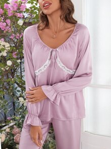 Contrast Lace Flounce Sleeve Ruffle Hem Satin PJ Set - Lilac Purple - View 5