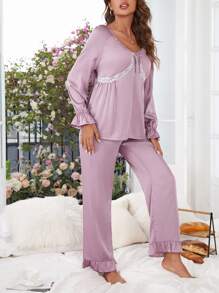 Contrast Lace Flounce Sleeve Ruffle Hem Satin PJ Set - Lilac Purple - View 3