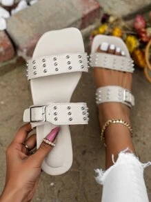 Fashion White Slide Sandals For Women, Studded & Buckle Decor Two Part Sandals - Beige - View 1
